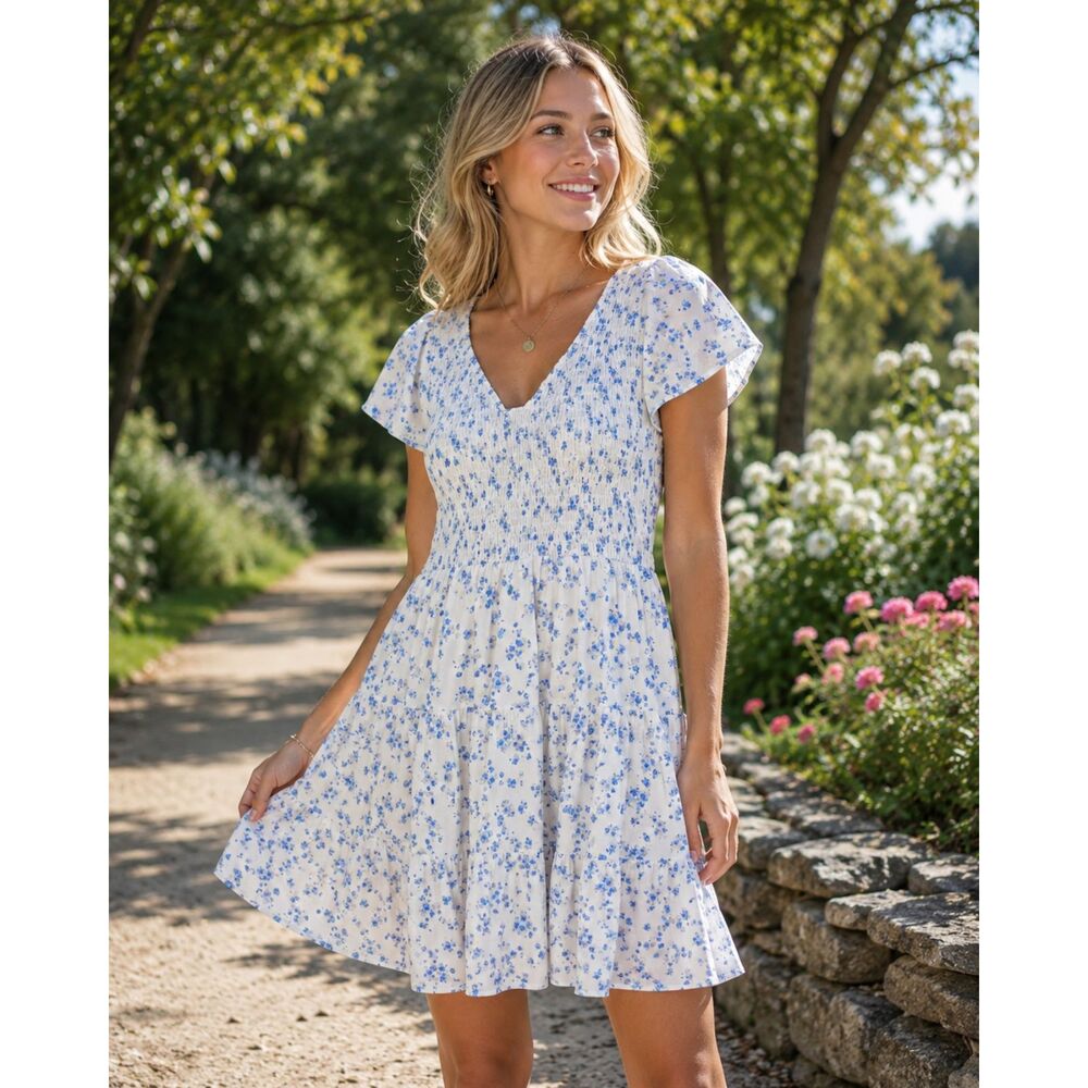 Altard State Womens Size Large White Blue Floral Smocked Tiered Mini Dress